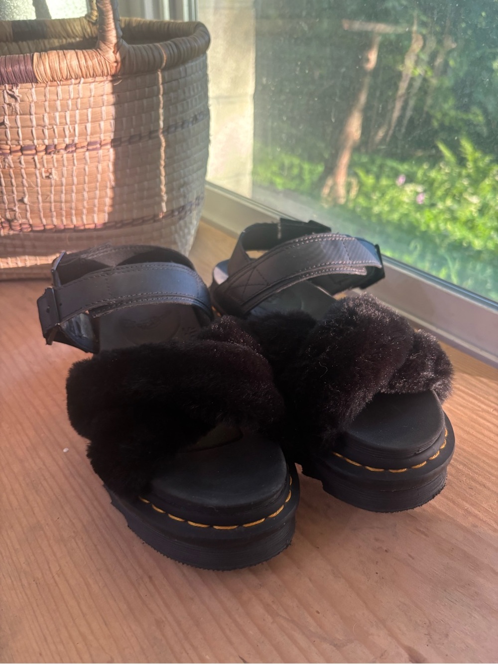 Dr. Martens Black Faux Fur Platform Sandals